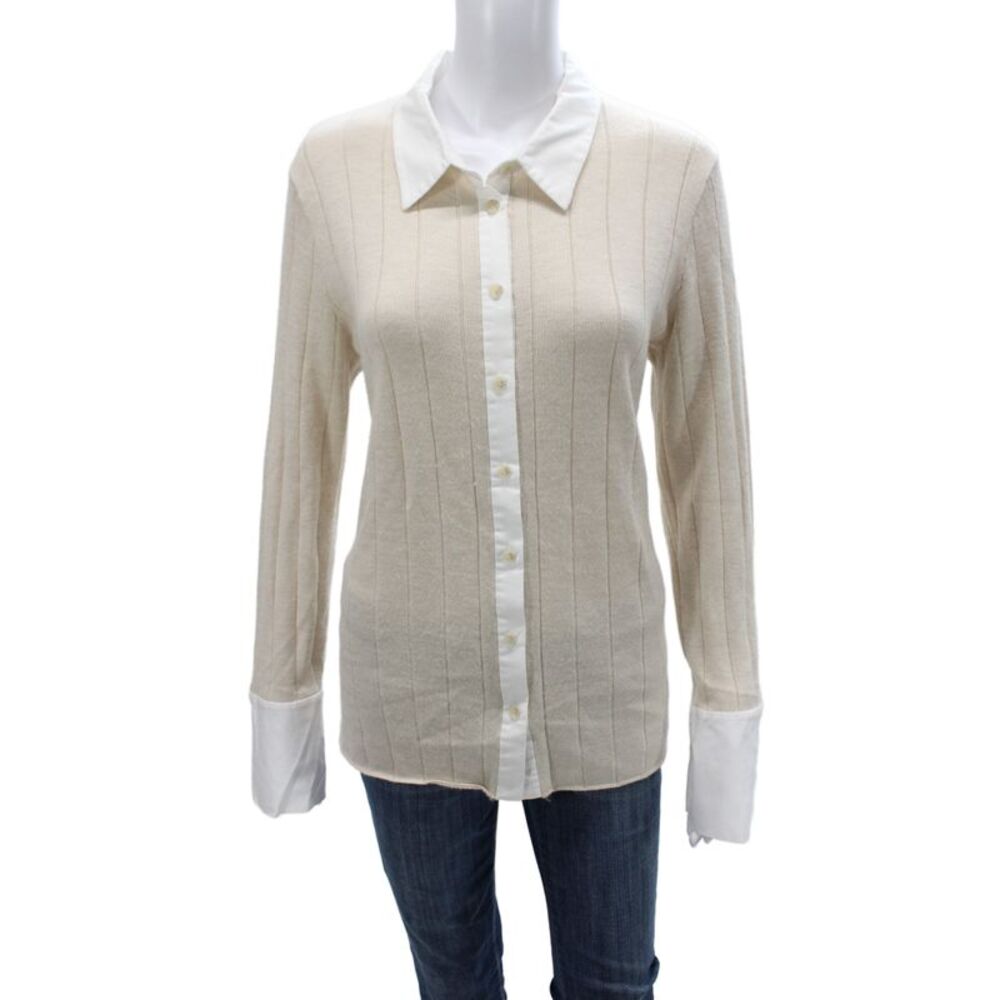 Naadam Women Basic Collared Striped Merino Wool Button-Up Beige Size M